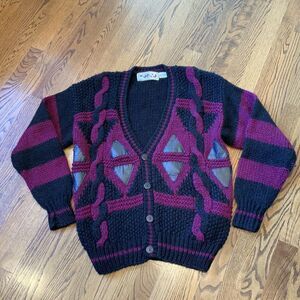 VTG‎ 80s 90s Chunky Knit Grandpa Sweater Sz L Cardigan Leather Trim Geometric